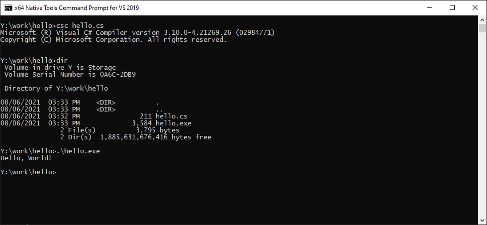 Esecuzione del programma <code>hello.cs</code>